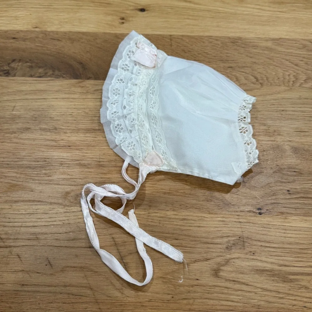 Vintage Baby Bonnet White Sheer Lace Pink Ribbon Christening Baptism Hat